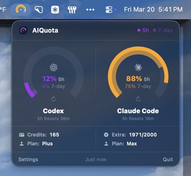 AIQuota menu bar popover showing Claude Code nearing its 5-hour limit with the gauge shifted to amber.