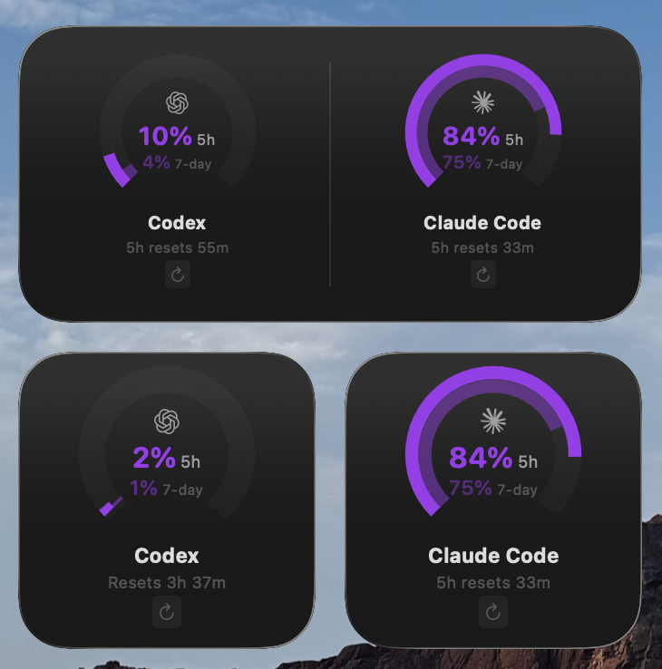AIQuota macOS widgets showing Codex and Claude Code quota states side by side.