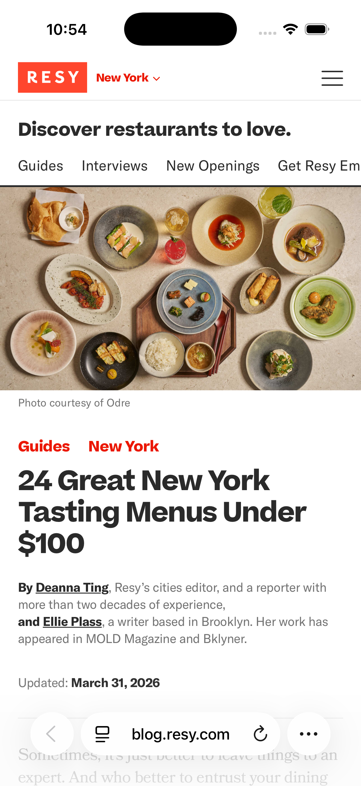 Resy editorial tasting menu guide on mobile web, showing how curated content could support AI-assisted discovery.