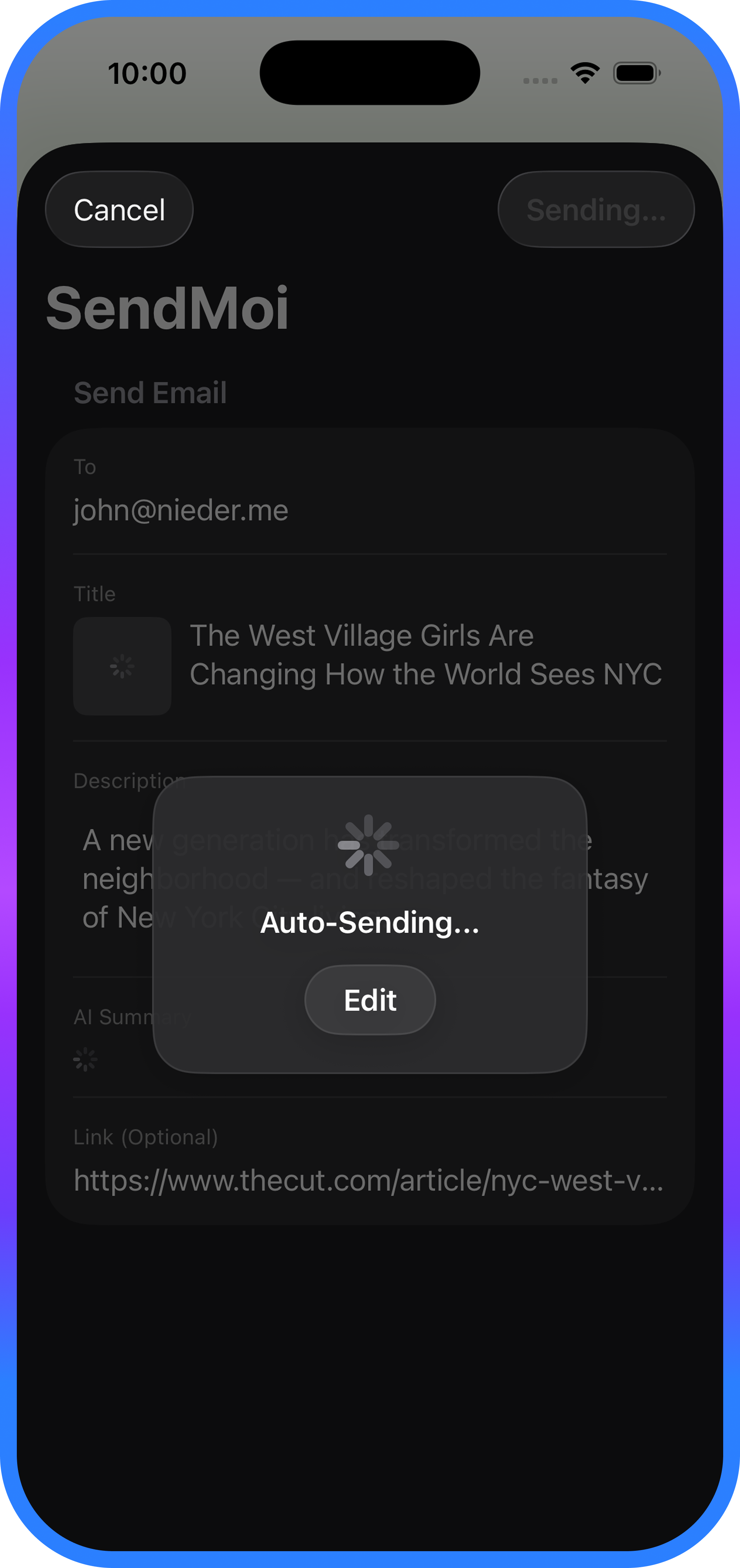 SendMoi auto-sending a shared article from the iOS send flow.